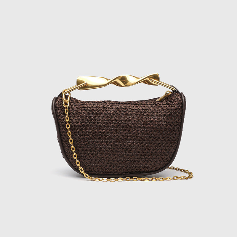Dumpling Shape Woven Bag - Mini Straw Purse with Zipper Closure, Detachable Shoulder Strap and Metal Handle for Women