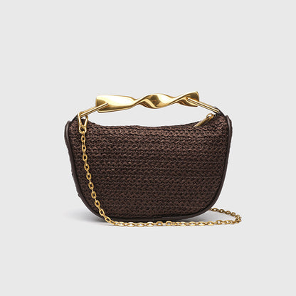 Dumpling Shape Woven Bag - Mini Straw Purse with Zipper Closure, Detachable Shoulder Strap and Metal Handle for Women