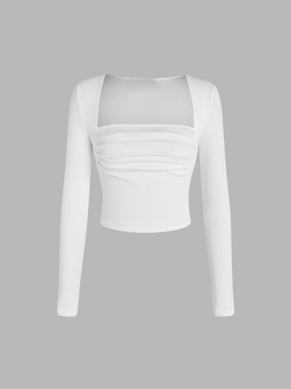 Square Neck Pleated Detail Knit Top for Women, Slim Fit Long Sleeve Cropped T-Shirt Chic Blouse