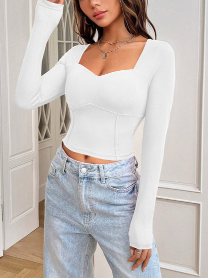 Barbie Pink Sweetheart Neck Top for Women, Cropped Long Sleeve T-Shirt Slim Fit Versatile Blouse