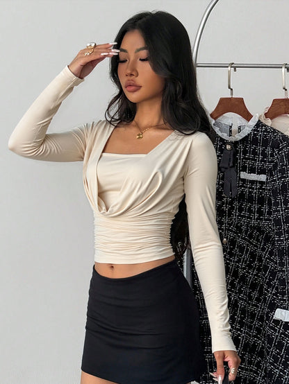 Cowleneck Knit Top for Women, Cropped Slim Fit Long Sleeve Blouse