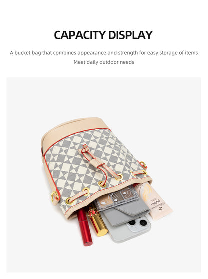 Drawstring Bucket Bag for Women - Adjustable PVC Crossbody Purse, Small Printed Shoulder Bag with Detachable Strap