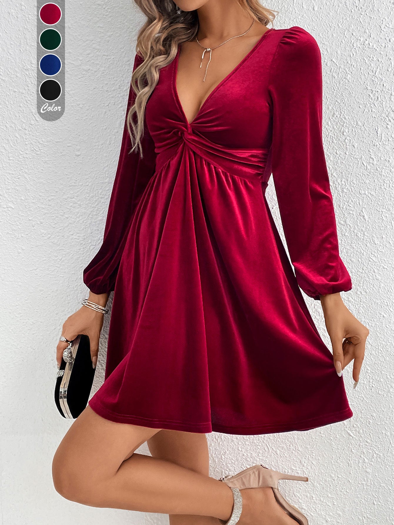 Deep V-Neck Velvet Mini Dress for Women, Sexy A-Line Party Dress with Waist Tucking Long Sleeve