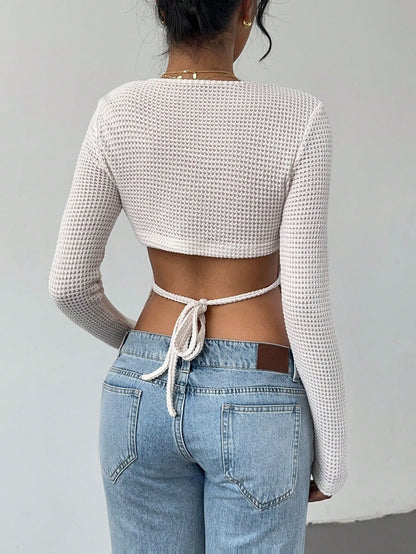 Cut-Out Back Tie Waist Top for Women, Round Neck Slim Fit T Shirt Long Sleeve Blouse