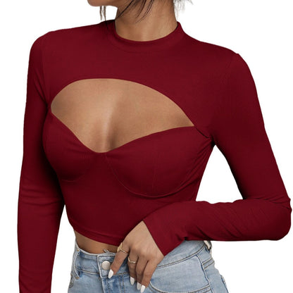 Ribbed Cut Out Turtleneck Top for Women, Sexy Slim Fit Cropped Long Sleeve Spring Summer T Shirt