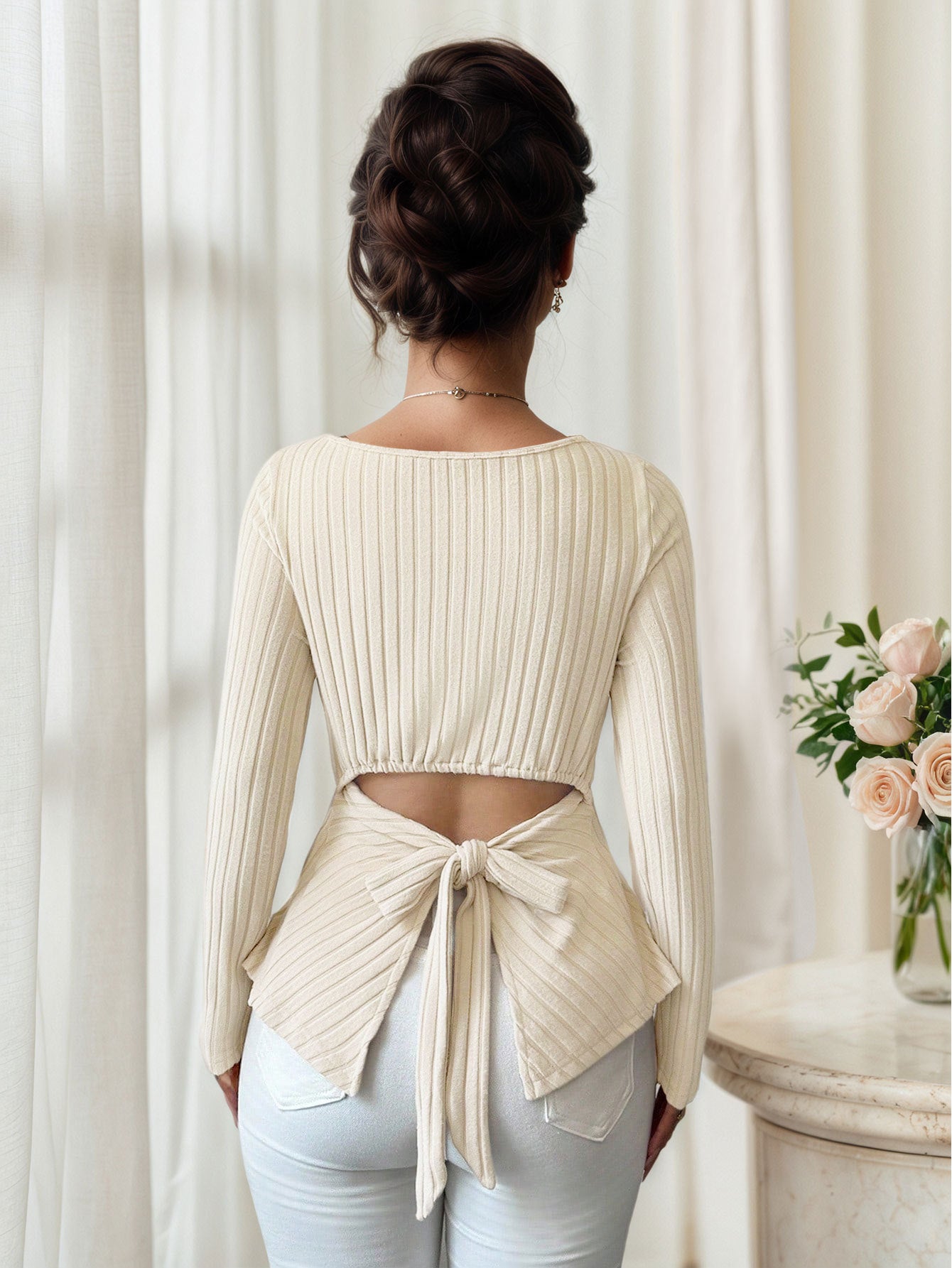 Wide Rib Brushed Knit Top for Women, U-Neck Long Sleeve Slim Fit T-Shirt with Back Waist Tie
