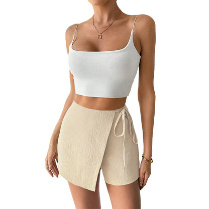 Woven High Waist Skort with Front Overlap, Side Tie Waistband & Back Zipper Closure