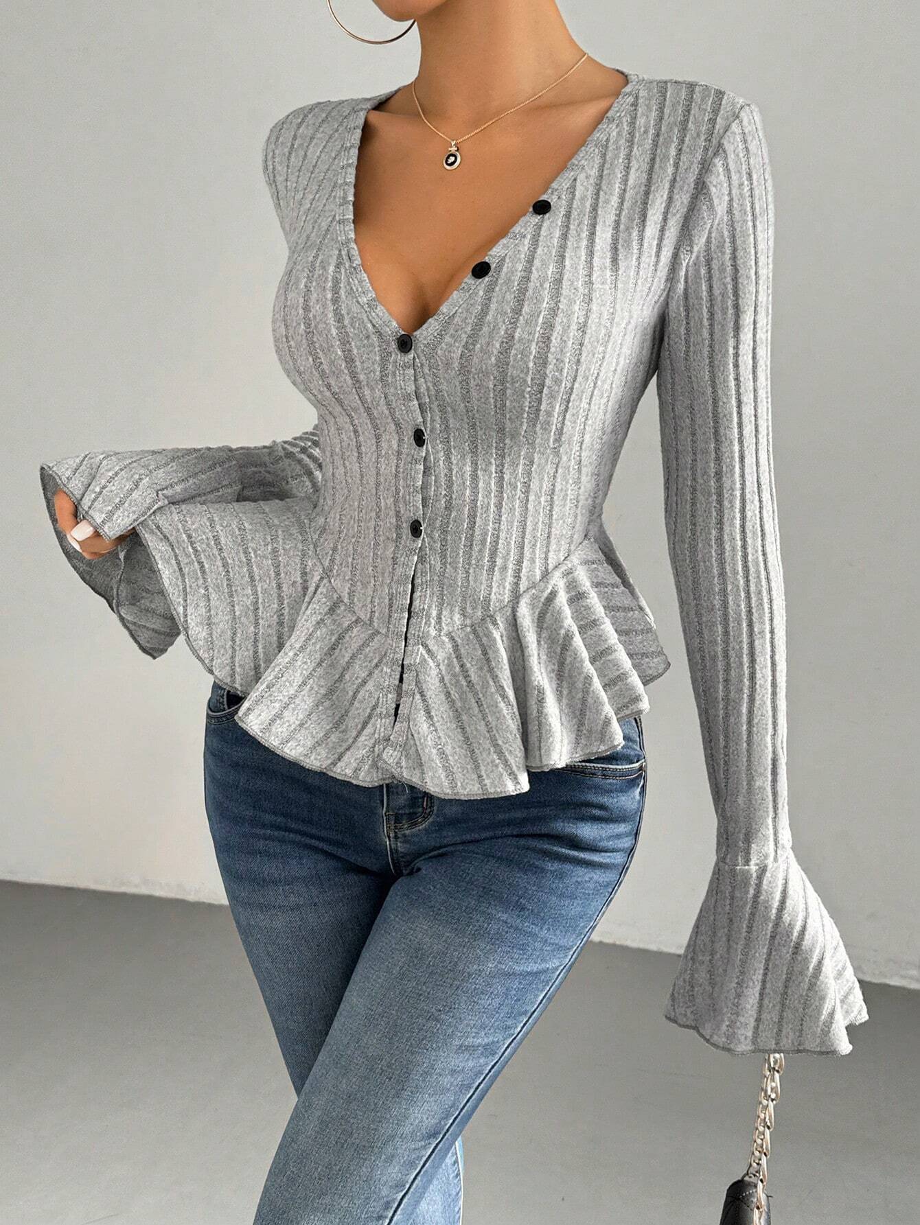 V-Neck Ruffle Blouse for Women, Fall Winter Elegant Long Sleeve Bell Sleeve Slim Fit Fleece Top