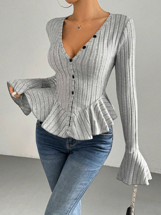 V-Neck Ruffle Blouse for Women, Fall Winter Elegant Long Sleeve Bell Sleeve Slim Fit Fleece Top