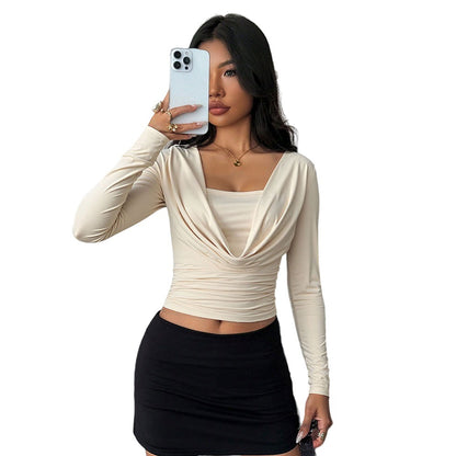 Cowleneck Knit Top for Women, Cropped Slim Fit Long Sleeve Blouse