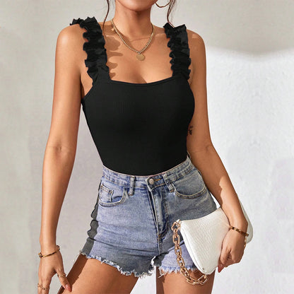Wide Strap Ruffle Jumpsuit for Women, Solid Color Sleeveless Bodysuit Sexy Layering Top
