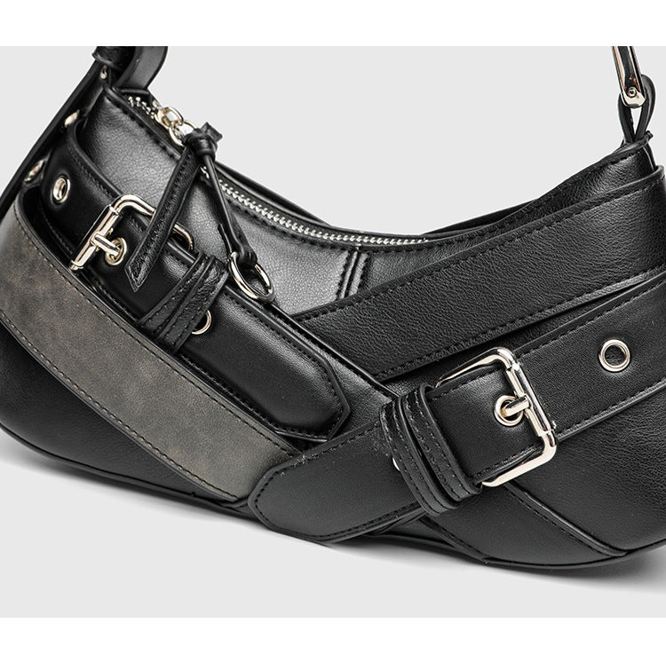 Horizontal Vintage Baguette Bag - Brown & Black Retro Shoulder Purse, Square Motorcycle Style Bag with Zip Closure