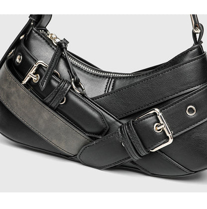 Horizontal Vintage Baguette Bag - Brown & Black Retro Shoulder Purse, Square Motorcycle Style Bag with Zip Closure