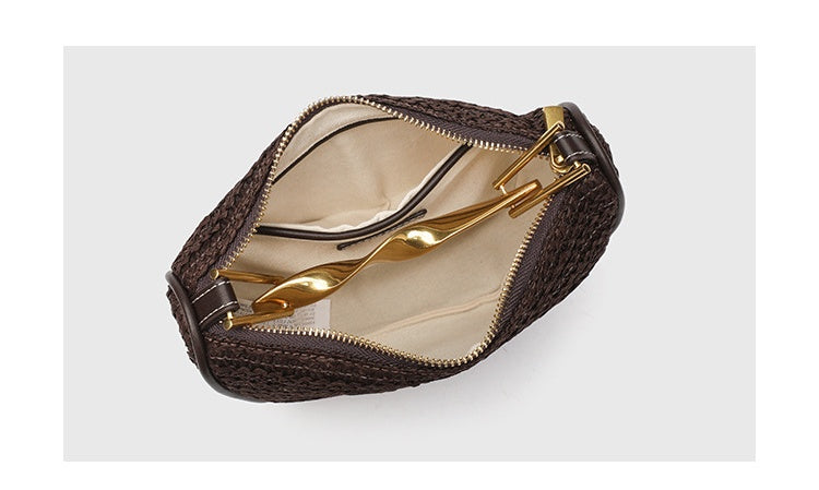 Dumpling Shape Woven Bag - Mini Straw Purse with Zipper Closure, Detachable Shoulder Strap and Metal Handle for Women