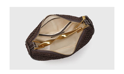 Dumpling Shape Woven Bag - Mini Straw Purse with Zipper Closure, Detachable Shoulder Strap and Metal Handle for Women