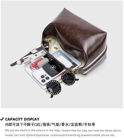 Pillow Shape Square Bag - Waxed PU Leather Zip Top Purse for Women, Convertible Shoulder Bag with 2 Detachable Straps