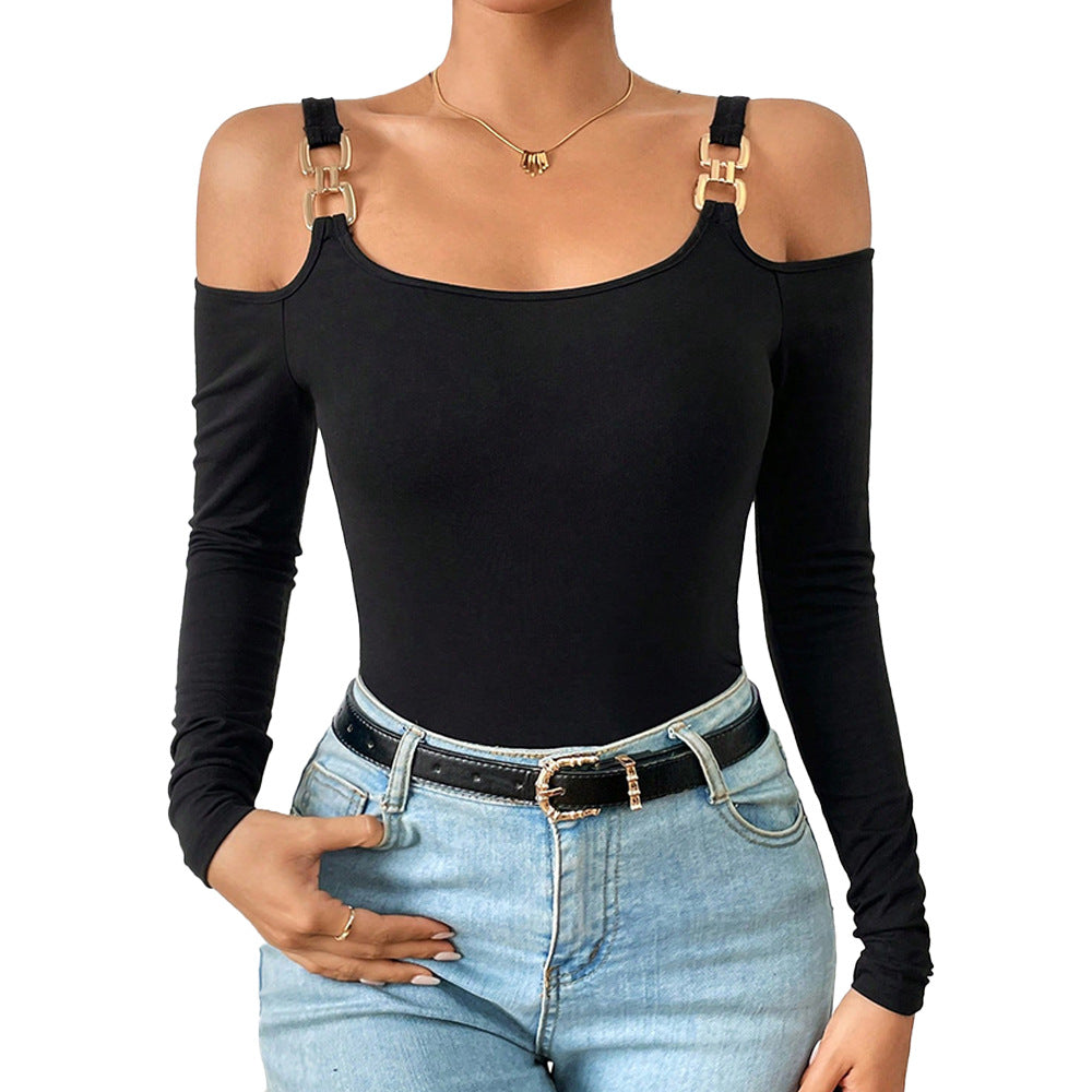 Hook Strap Knit Top for Women, Long Sleeve Slim Fit Solid Color Chic T Shirt