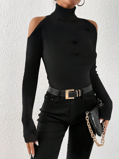 Off Shoulder Turtleneck Top for Women, Fall Winter Elegant Long Sleeve Slim Fit Pullover