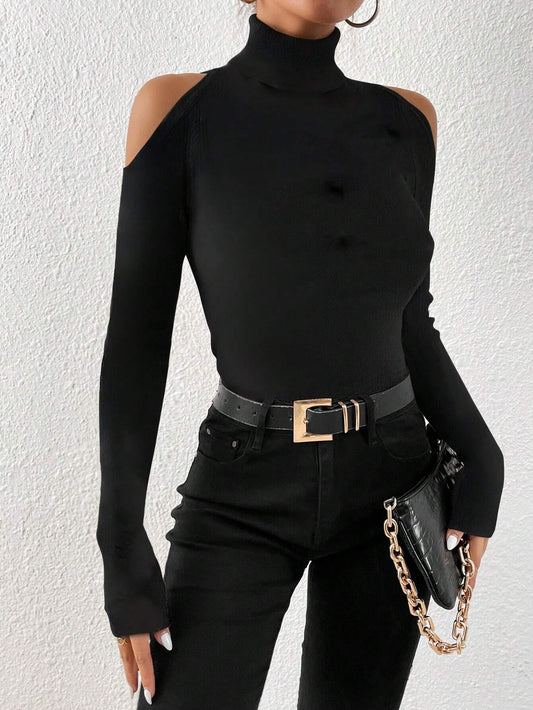 Off Shoulder Turtleneck Top for Women, Fall Winter Elegant Long Sleeve Slim Fit Pullover