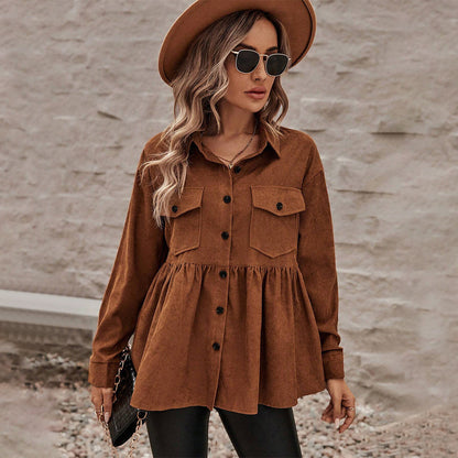 Brown Polo Collar Top for Women, Long Sleeve Button-Down Shirt Vintage Loose Fit Office Blouse