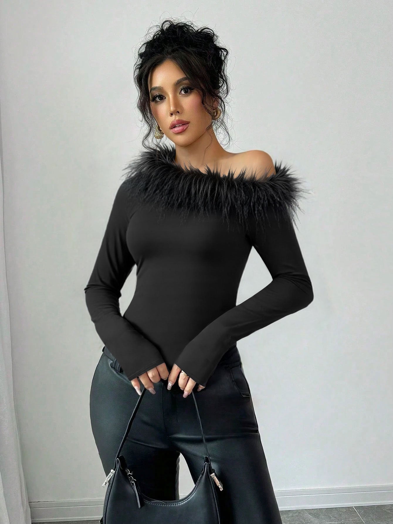 Feather Detail Asymmetric Top for Women, One Shoulder Slash Neck Slim Fit Long Sleeve Fall Winter Blouse
