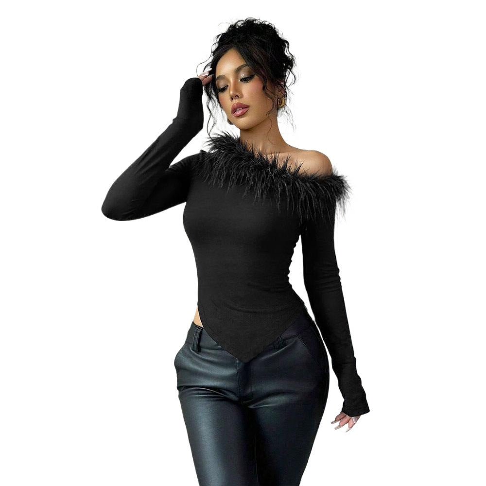Feather Detail Asymmetric Top for Women, One Shoulder Slash Neck Slim Fit Long Sleeve Fall Winter Blouse