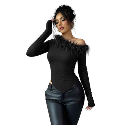 Feather Detail Asymmetric Top for Women, One Shoulder Slash Neck Slim Fit Long Sleeve Fall Winter Blouse