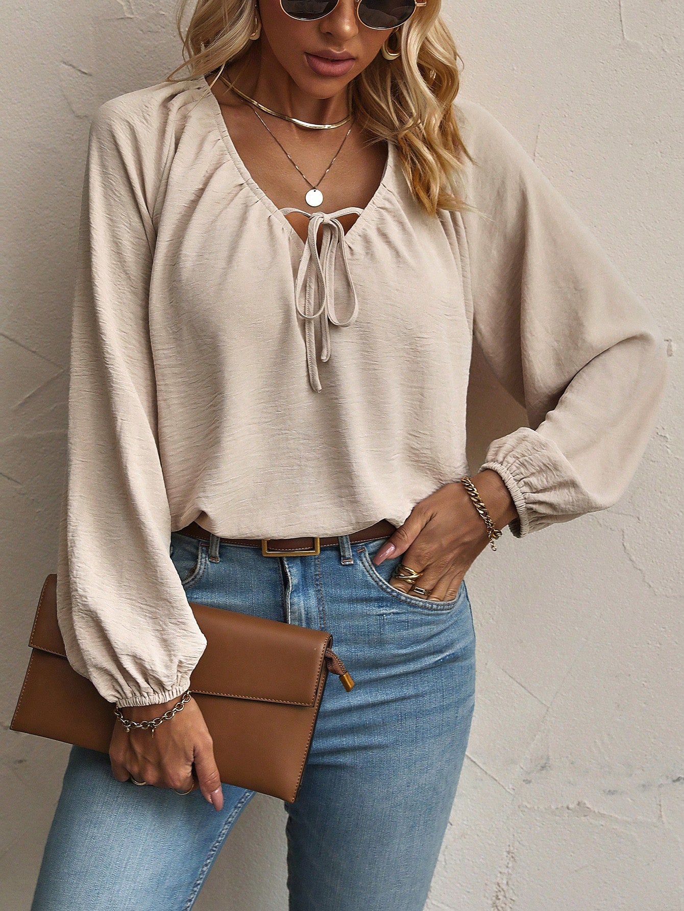 Raglan Sleeve Chiffon Shirt for Women, V-Neck Front Tie Blouse Loose Fit Long Sleeve Top