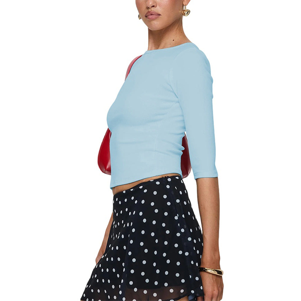 Cropped Knit Top for Women, 3/4 Sleeve Round Neck T Shirt Sweet Solid Color Midriff Blouse