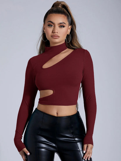 Black Mock Neck Bodycon Top for Women, Sexy Long Sleeve Cropped T-Shirt with Cut Out Detail