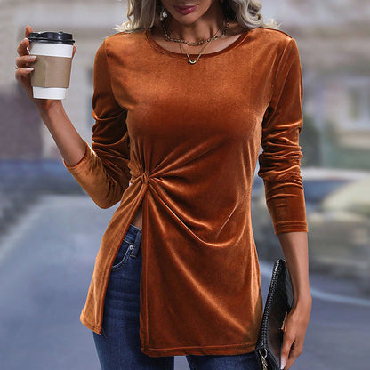 Velvet Slit Hem T-Shirt for Women, Fall Winter Long Sleeve Sexy Asymmetric Blouse