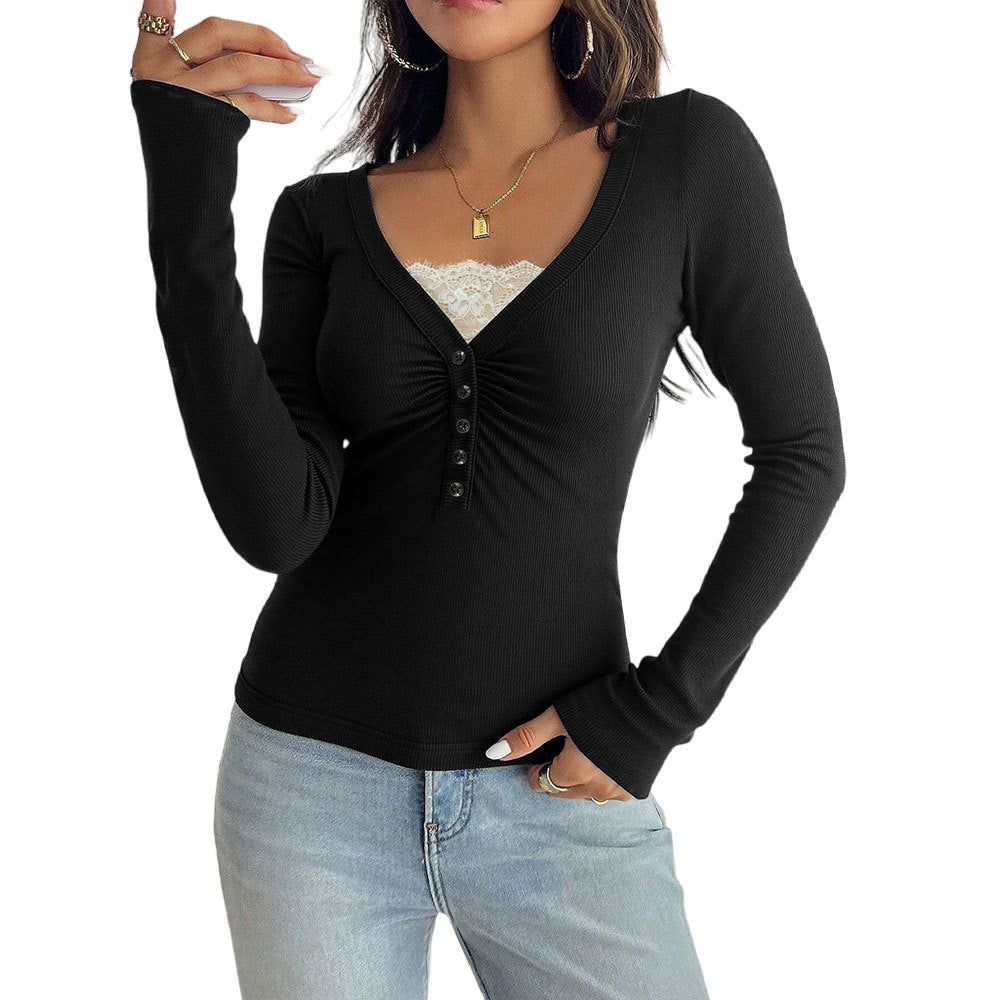Black French Knit Top with Contrast Lace Insert, V-Neck T Shirt Slim Fit Sexy Long Sleeve Blouse
