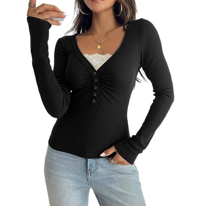 Black French Knit Top with Contrast Lace Insert, V-Neck T Shirt Slim Fit Sexy Long Sleeve Blouse