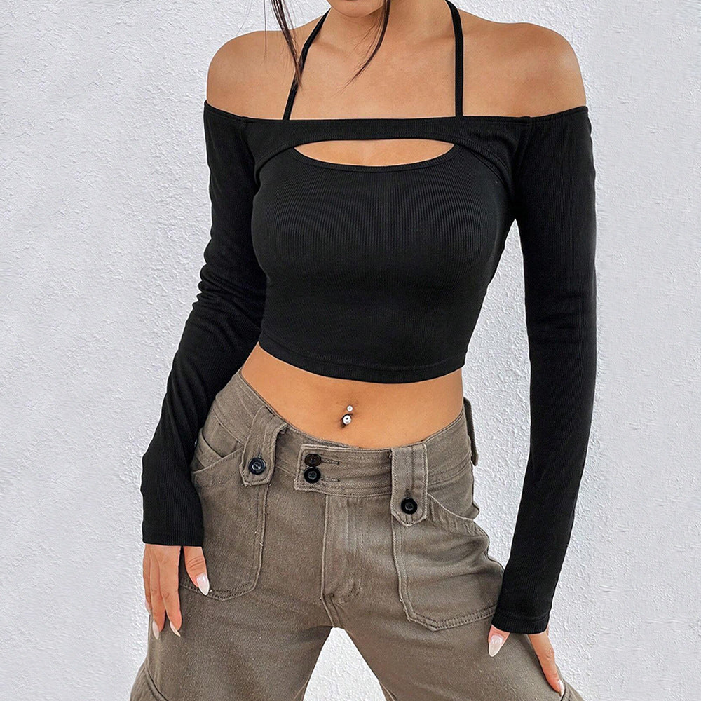 Off Shoulder Cut Out Top for Women, Sexy Slim Fit Cropped Long Sleeve T-Shirt
