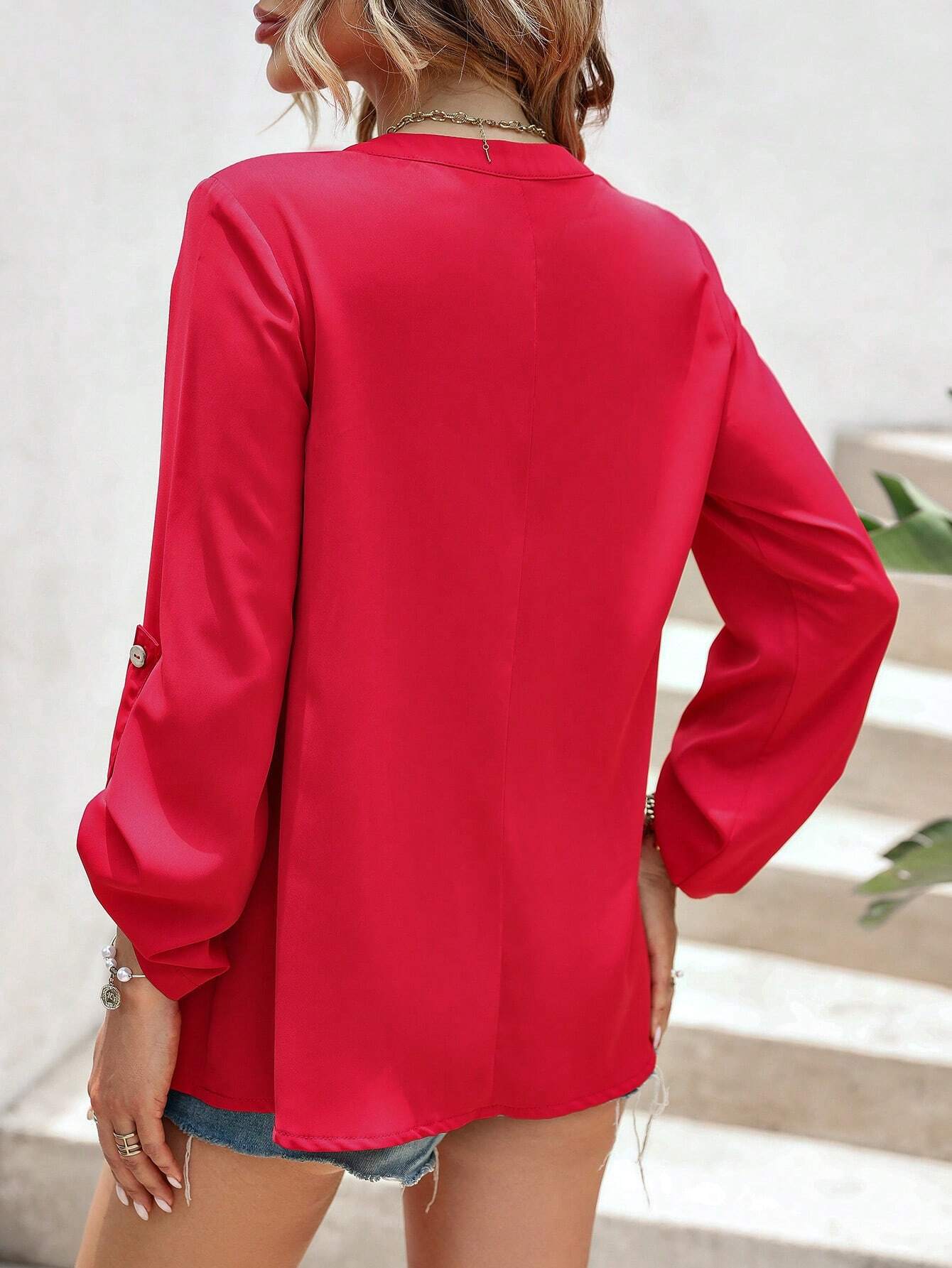 Red V-Neck Pullover Blouse for Women, Sexy Long Sleeve Loose Fit Office Shirt