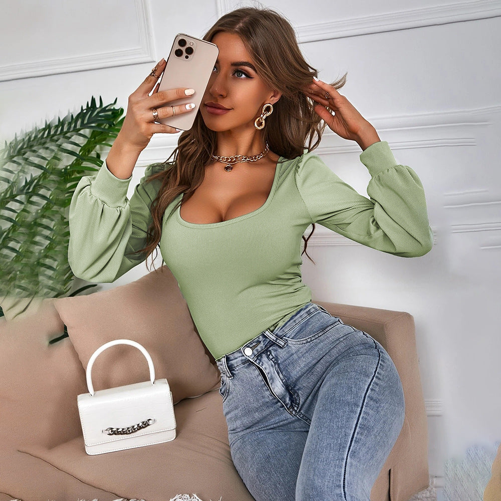 Avocado Green Square Neck Top for Women, Puff Sleeve Knit T-Shirt Slim Fit Long Sleeve Blouse