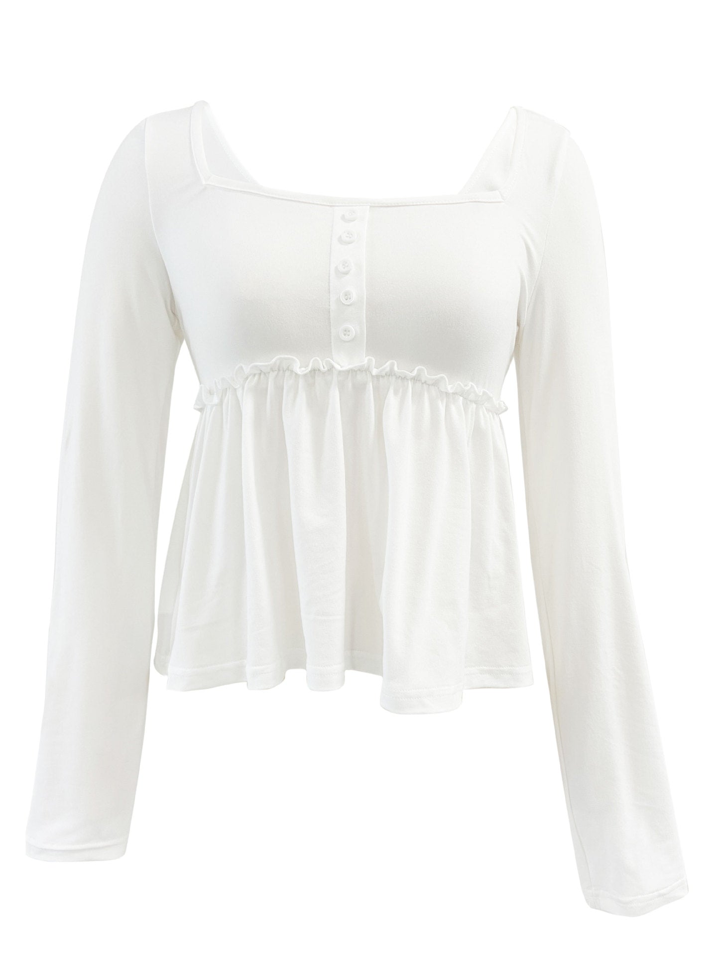 Off-White Square Neck Blouse for Women, Fall Winter Slim Fit Long Sleeve Pullover with Waist Tucking