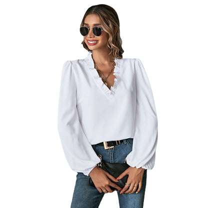 Ruffle V-Neck Blouse for Women, Loose Fit Long Sleeve Puff Sleeve Pullover Office Shirt