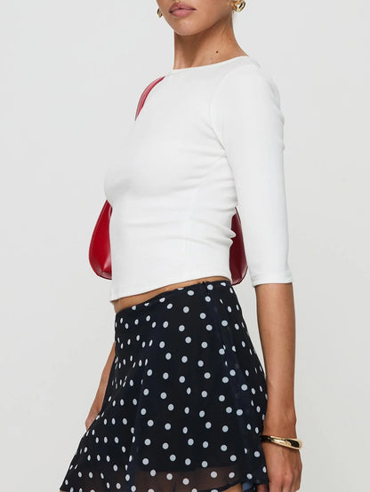 Cropped Knit Top for Women, 3/4 Sleeve Round Neck T Shirt Sweet Solid Color Midriff Blouse