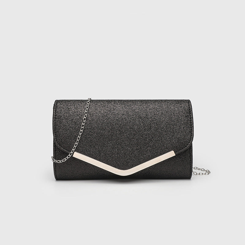 Vintage Clutch Bag with Metal V Charm - Magnetic Closure Evening Purse, Minimalist Chain Strap Party Bag in Structured PU