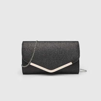 Vintage Clutch Bag with Metal V Charm - Magnetic Closure Evening Purse, Minimalist Chain Strap Party Bag in Structured PU