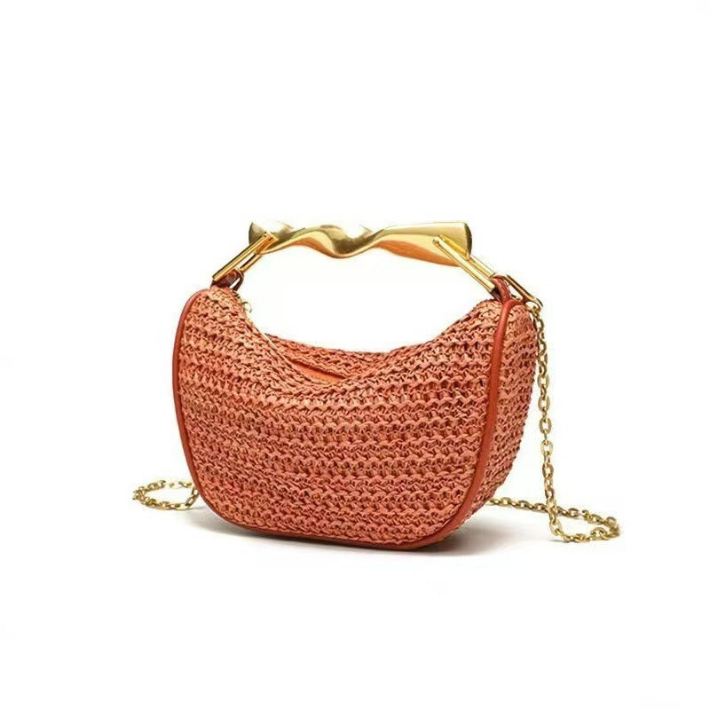 Dumpling Shape Woven Bag - Mini Straw Purse with Zipper Closure, Detachable Shoulder Strap and Metal Handle for Women