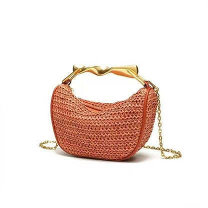 Dumpling Shape Woven Bag - Mini Straw Purse with Zipper Closure, Detachable Shoulder Strap and Metal Handle for Women