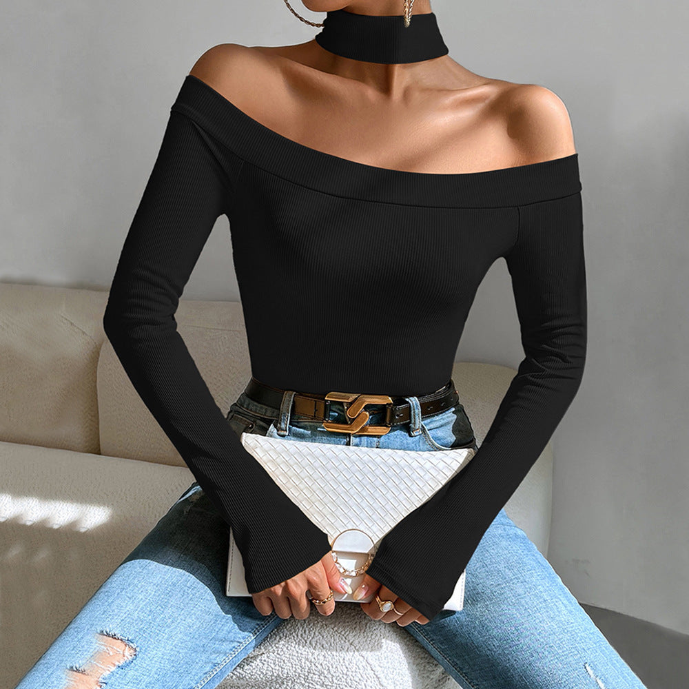 Off Shoulder Ribbed Knit Top for Women, Fall Winter Sexy Slim Fit Long Sleeve T-Shirt Versatile Blouse