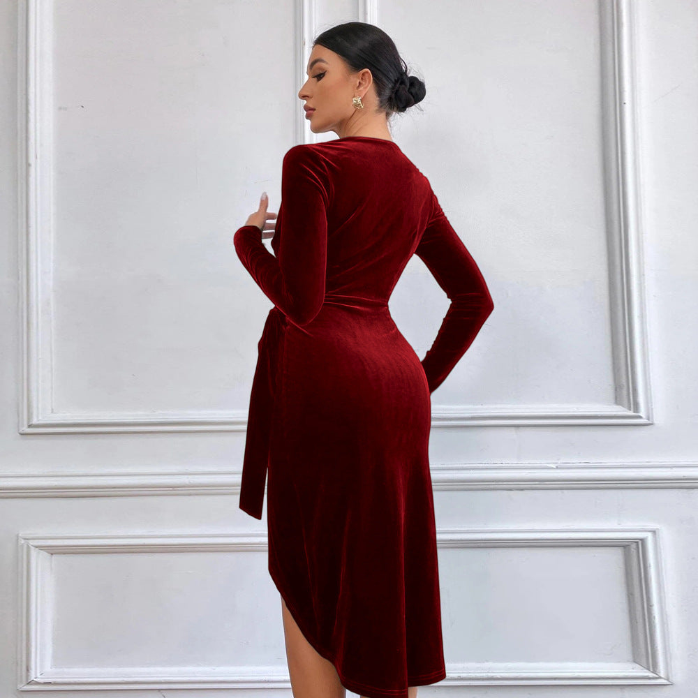 V-Neck Bodycon Midi Dress for Women, Asymmetric Hem Long Sleeve Cocktail Party Gown