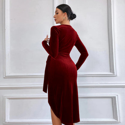 V-Neck Bodycon Midi Dress for Women, Asymmetric Hem Long Sleeve Cocktail Party Gown