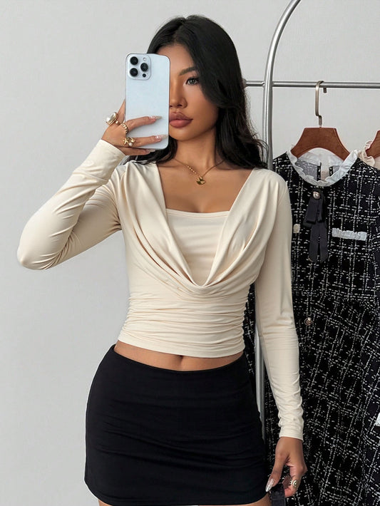 Cowleneck Knit Top for Women, Cropped Slim Fit Long Sleeve Blouse