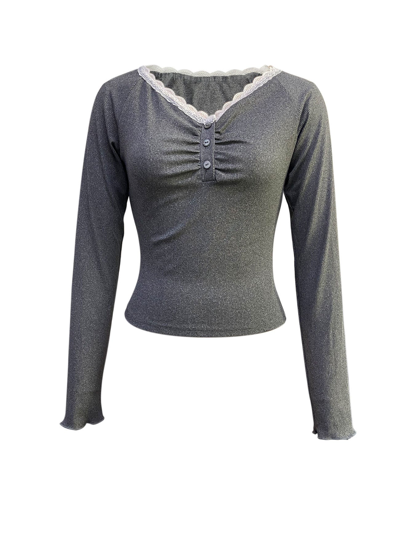 Contrast Lace Trim T-Shirt for Women, V-Neck Sexy Slim Fit Long Sleeve Layering Blouse