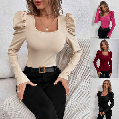 Square Neck Knit Top for Women, Fashion Slim Fit Long Sleeve Gigot Sleeve T-Shirt