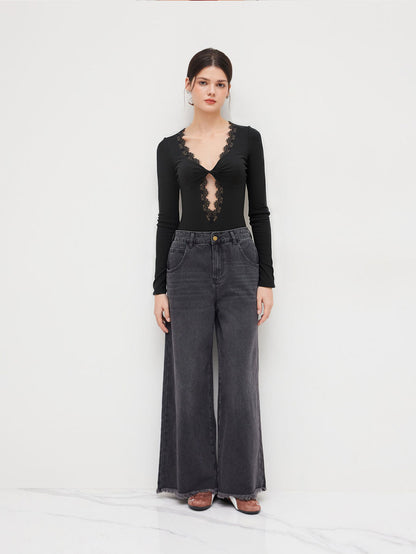 Black V-Neck Lace Trim Bodysuit for Women, Long Sleeve Cut Out Detail Slim Fit Chic Layering Top